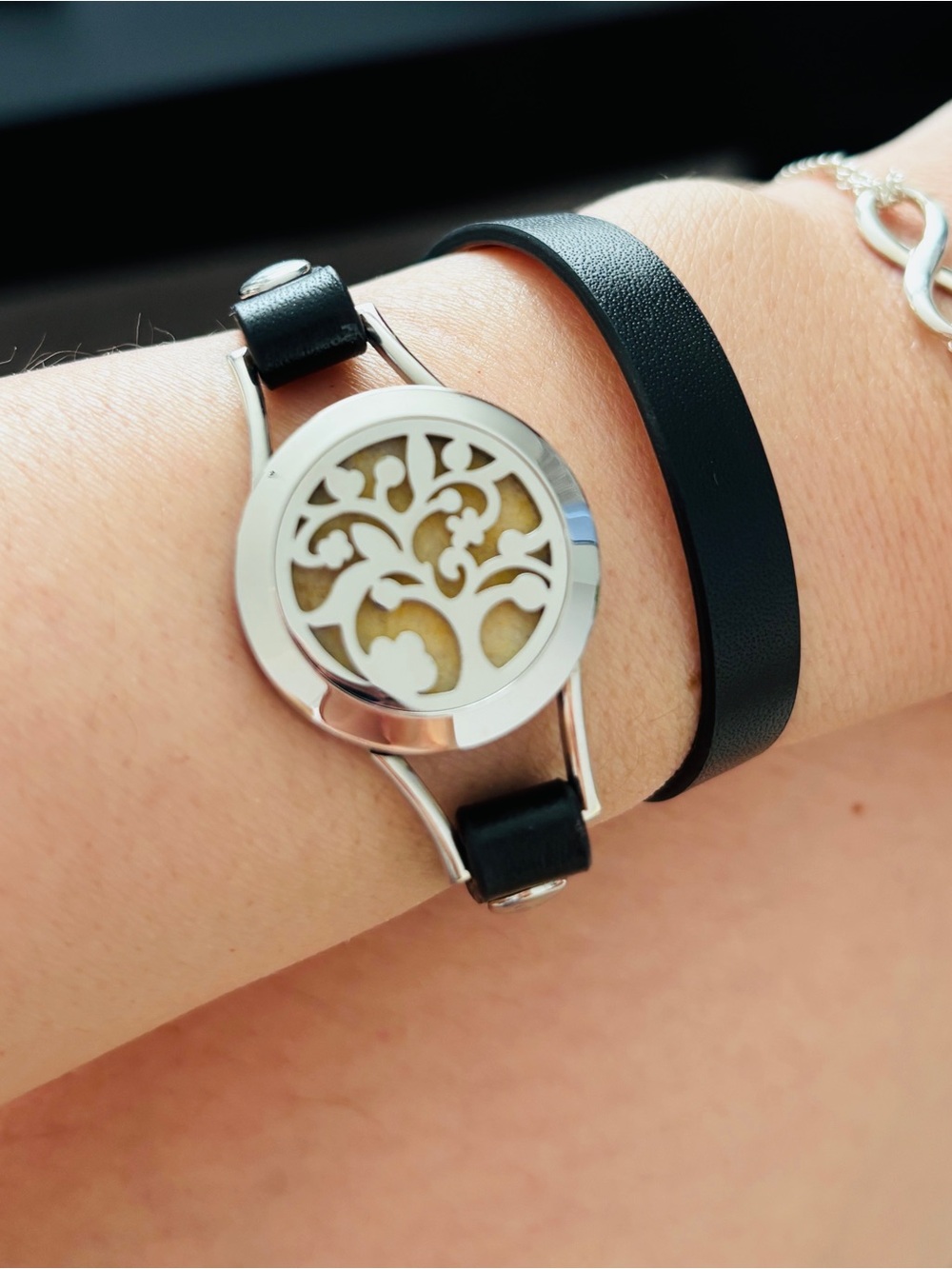 Silver Tree of Life Diffuser Bracelet with Black Leather Strap
